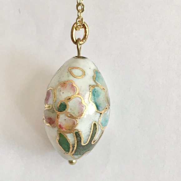 Vintage Cloisonne Flower Egg Oval Bead Necklace Aqua Pink Enamel Gold Plated 18" - Picture 5 of 11